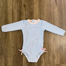 RuffleButts Girls 2T Blue Seersucker Striped Long Sleeve Rash Guard Swimsuit