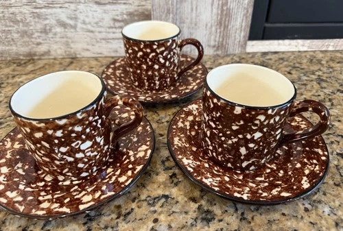 Vintage Set Of 3 Stangl Pottery Brown Town And Country Cups And Saucers