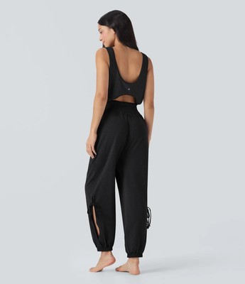 Halara Sleeveless Cut Out Drawstring Pocket Cool Touch Yoga Jumpsuit Black XS