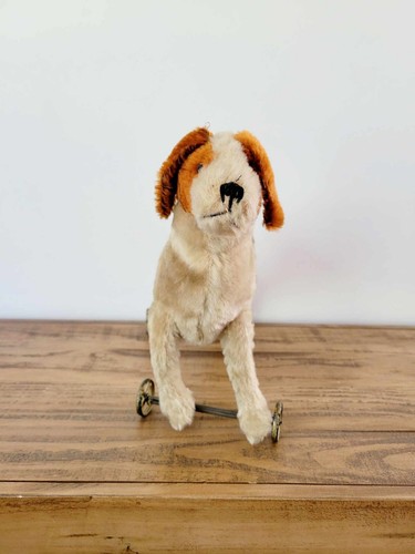 "Antico Steiff Mohair Cane su Ruote di Metallo Giocattolo con Occhi di Vetro 13" - Foto 5 di 9