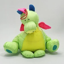DAMAGED Vtg Stuffins Nylon Dragon Squeak Plush Green Pink Blue Neon Puffalump