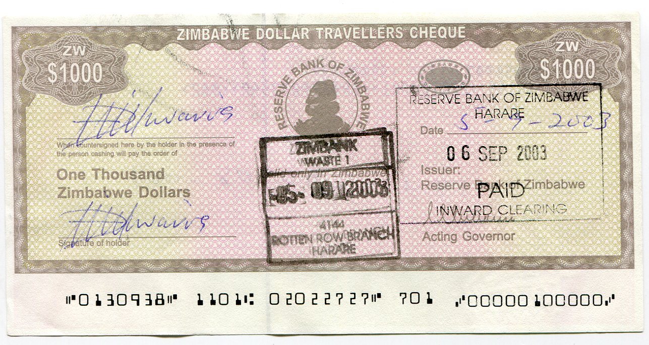 Zimbabwe Dollar Travelers Check 1 000 Check 2003 P15 1000 Rare
