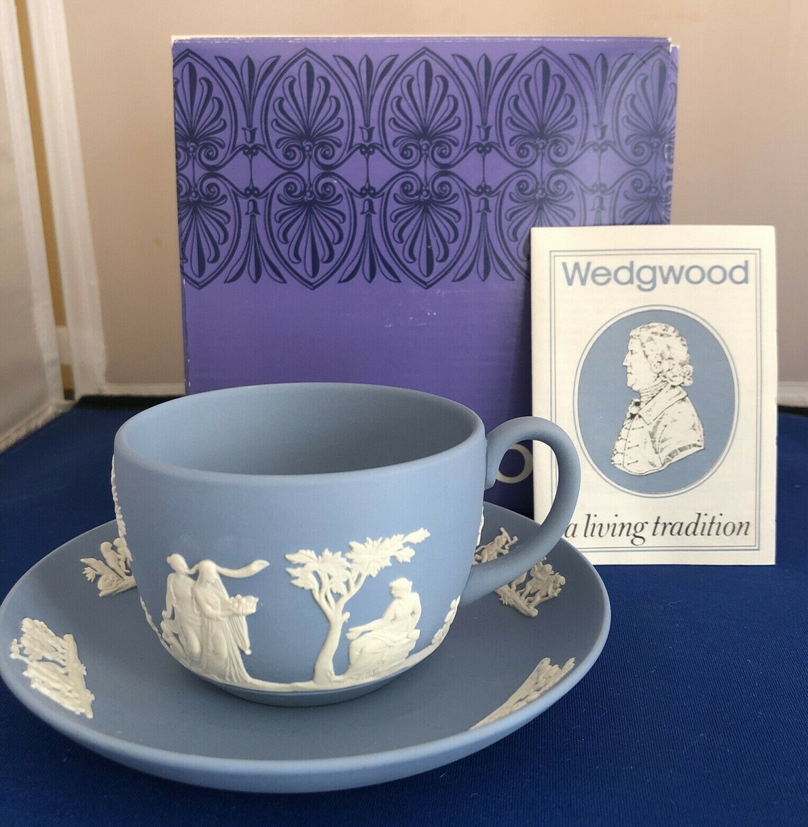 Wedgwood Jasperware blue Tea Cup Saucer Set England No Glaze