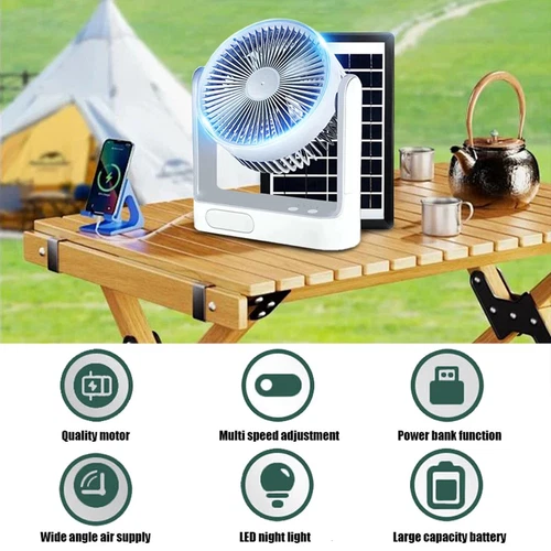 2025 New Rechargeable Fan With solar panel, 3 Speeds, LED light and 2 Free bulbs - Picture 8 of 12