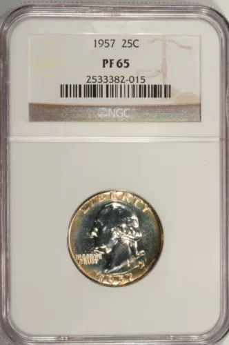 1957-P WASHINGTON QUARTER / MIRROR PROOF WITH LIGHT NATURAL TONING / NGC PF65
