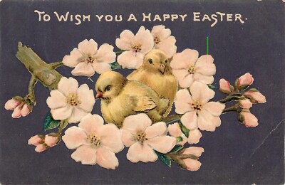 EASTER, two chicks sit on branch of blossom tree, embossed Tuck 1044