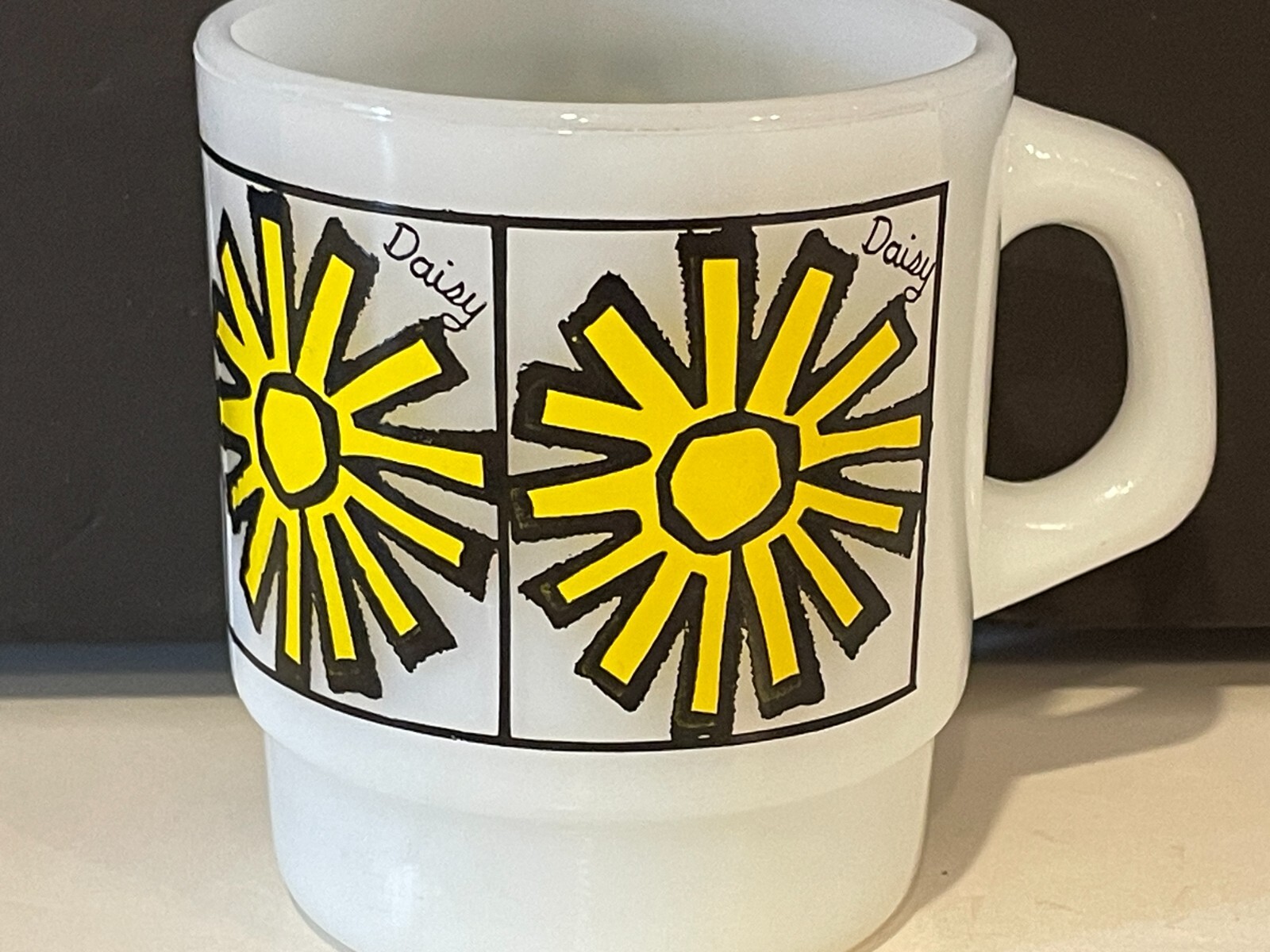 Vintage Anchor Hocking Fire King Yellow Daisy Milk Glass Mug eBay