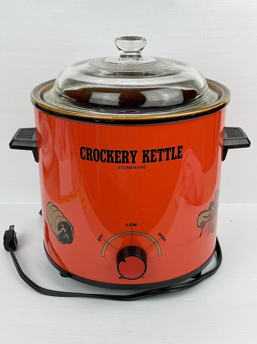 Vintage 70s Orange Stoneware Crock Pot Slow Cooker Crockery Kettle