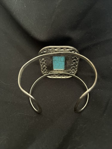 Faux Turquoise Cabochon Wide Statement Silver Tone Cuff Bracelet - Picture 4 of 5