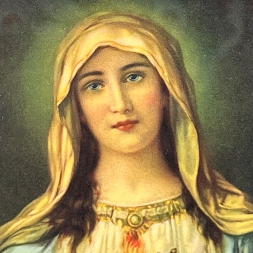 Vintage Religious Virgin Mary Sacred Heart Print Faux Wood Metal Frame 7.5x5.5" - Picture 2 of 7
