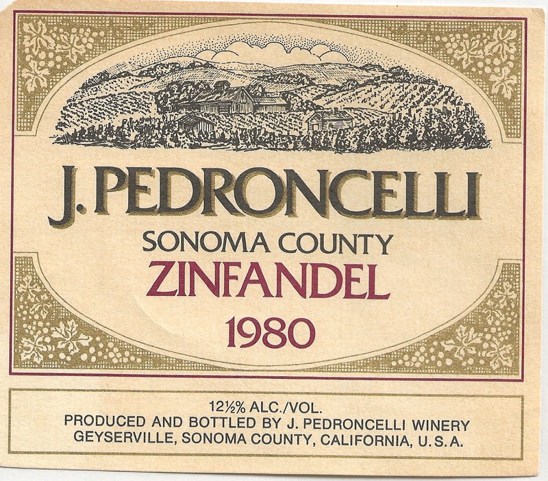1980 Pedroncelli Sonoma County Zinfandel wine label. New