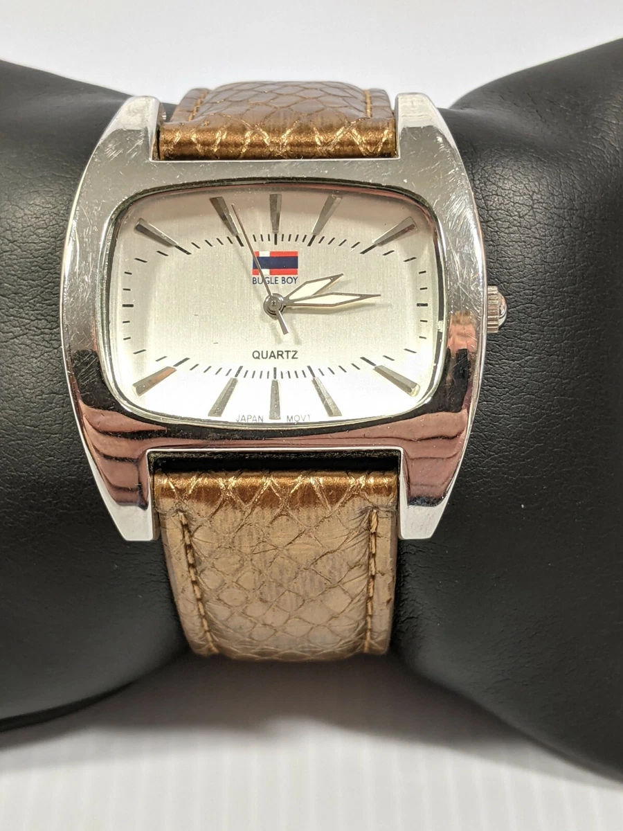 Bugle Boy Silver Tone Gold Tone Textured Faux Leather Band Watch 8.5 Inch