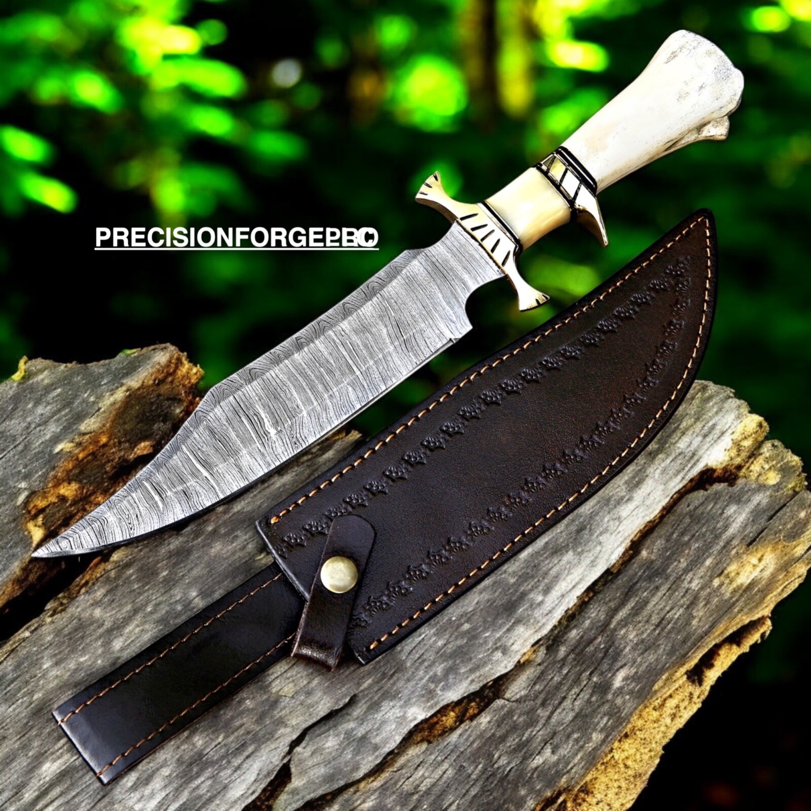 Handmade Damascus steel survival hunting bowie knife with fine leather sheath