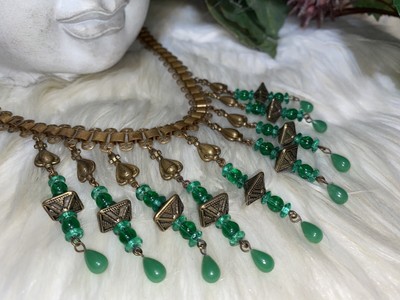 Miriam Haskell Ultra Rare Huge Early Gripoix Green Glass Bib Necklace! !!! B1