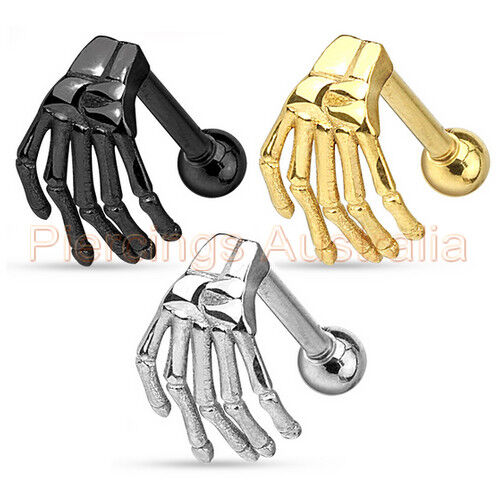 Steel piercing for ear of eyebrow, skeleton hand, various colours