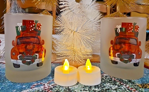 Durchbruch Milchglas altmodisches Glas Set 2 Windlichthalter LKW Auto Weihnachtsmotiv - Bild 4 von 13