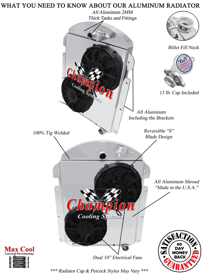 AL 3 filas radiador Chevy Config, 10" ventiladores, cubierta para Chevrolet WA V8 1940 conv Foto 3 de 4