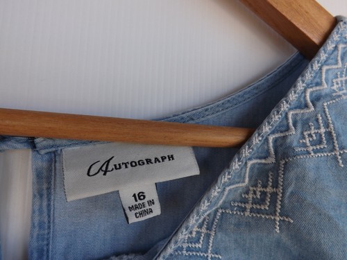 Autograph Dress 16 Womens Blue White Denim Look Embroidered Shift Pockets Cotton - Picture 4 of 10