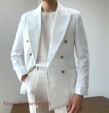 Summer White Linen Suit Beach Men's Double Breasted Groom Wedding Blazer Jacket