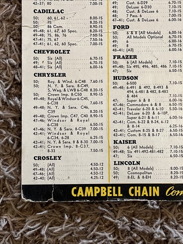 Insegna espositore tabella dimensioni pneumatici Campbell Chain Company vintage cartone 1950 - Foto 7 di 18