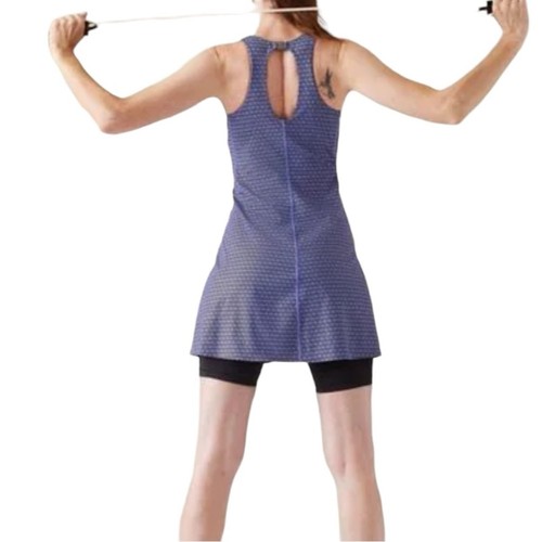 NWT Athleta Ultimate Ease Fit And Flare Blue Purple Printed Dress LARGE - Picture 2 of 7