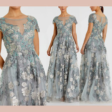NEW Mac Duggal [ 4 ] 20294 Floral Embroidered Short Sleeve Gown in Seamist S1170