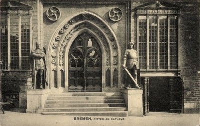 Postcard Hanseatic city of Bremen, knights at the town hall, town hall portal with statues - 5045859
