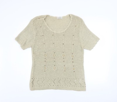 Damart Damen Beige Strick Perlen Kurzarm Bluse Größe 18/20