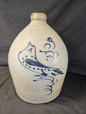 ANTIQUE PRIMITIVE USA STONEWARE BLUE BIRD CROCK S. HART FULTON N.Y. SALT GLAZE