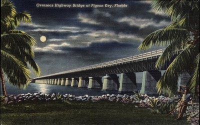 Overseas Highway Bridge Pigeon Key FL vintage postcard night full moon w877