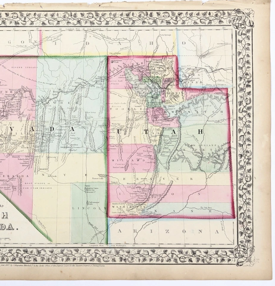 Mapa 1869 NEVADA - TERRITORIO UTAH ORIGINAL (14X11,5) Condados Municipios MITCHELL  Foto 3 de 4