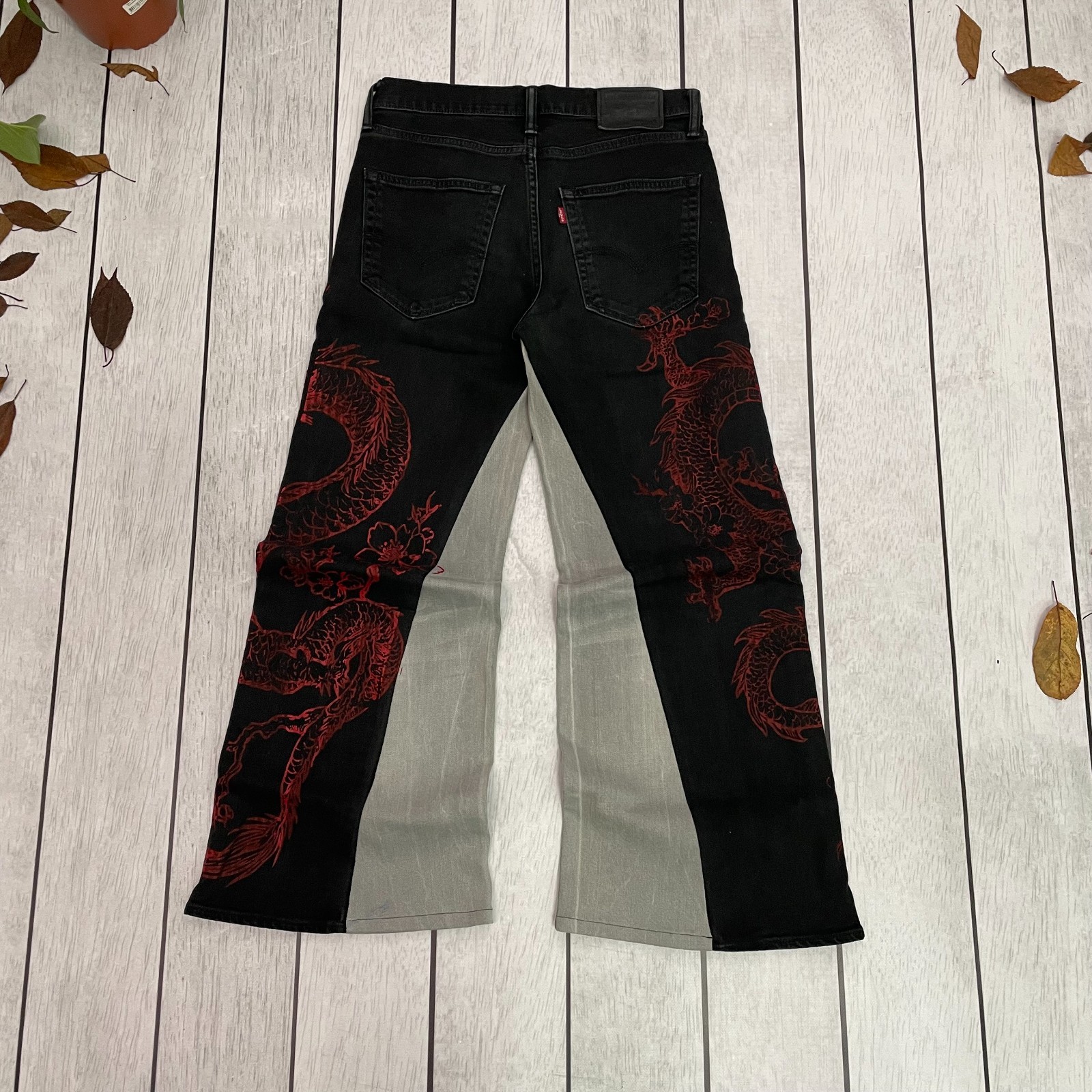 Custom Levi's Flared Jeans baggy fit Red dragon japanese style 30x30 sz thumbnail 6