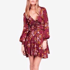 FREE PEOPLE Morning Light Mini Dress Size 0 Purple Long Sleeve Floral Satin New