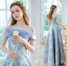 Gorgeous Blue Off Shoulder Feather Flowers Evening Dresses Banquet Prom Gown