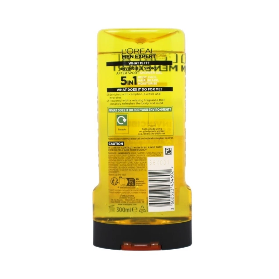 Paquete de 3 Gel de Ducha L'Oreal Men Expert 5 en 1 Invincible Sport Alcanfor, 300 ml Foto 3 de 3