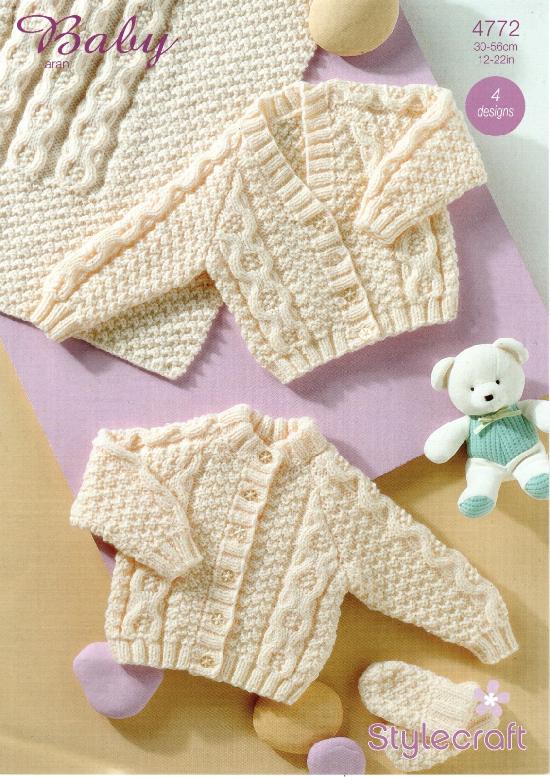 Stylecraft Baby Aran Knitting Pattern - 4772 Cardigans, Blanket & Mittens