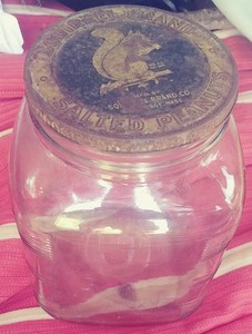 RARE 1900's SQUIRREL BRAND PEANUTS JAR, AWESOME GRAPHICS TIN LID, FREE SHIPPING