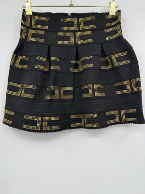Solution Black Gold Studded Pleated Skirt Sz M/L High Waist Stretch Elegant Mini