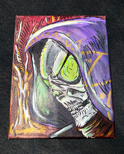 B Signed 2024 Hooded Skull Figure Drawing, Illustration Dark Art, Small Unframed