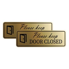 Standard Please Keep Door Closed Sign 2 x 6" - Small 2 Pack , Brushed Gold