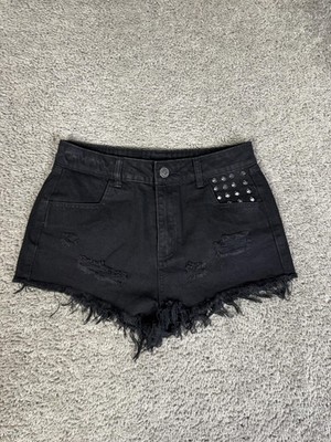 KILLSTAR Cut-Off Shorts Womens S Black Denim 28 Waist Booty Studded Fringe