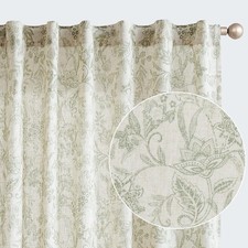 Linen Curtains Farmhouse Green Floral Print Curtains 84 Inches Long Back Tab