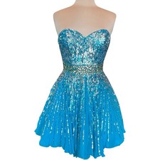 Sherri Hill 100% Silk Blue Sequin Beaded Strapless Party Prom Dress Size 4