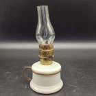 Vintage Mini Oil Lamp Milk Glass Base Brass Burner Clear Chimney