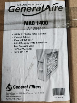 General Mac1400 Air Cleaner-Residential Whole house- 16 x 25 x 7, read descr