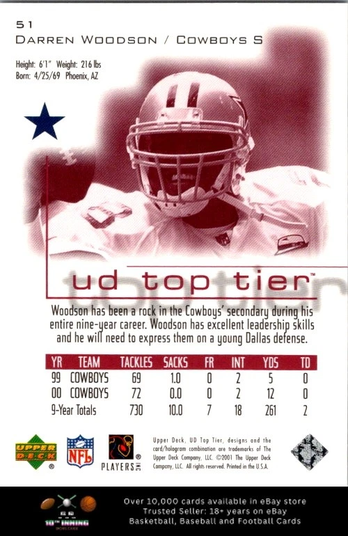 2001 Upper Deck Top Tier FOOTBALL #51 Darren Woodson - Image 2 of 2
