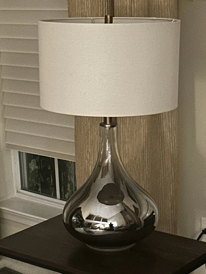 Henn&Hart 25'' Modern 1-Light Silver Glass Table Lamp White Fabric Drum Shade - Image 2 of 4