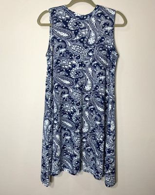 Simply Noelle Swing Dress S/M 8-10 Blu Paisley Sleeveless Trapeze Jersey Knit