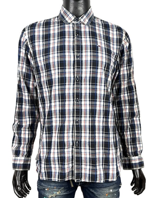 Tommy Hilfiger Denim Camicia Uomo L Cotone Quadri Blu Bianco Rosso Logo