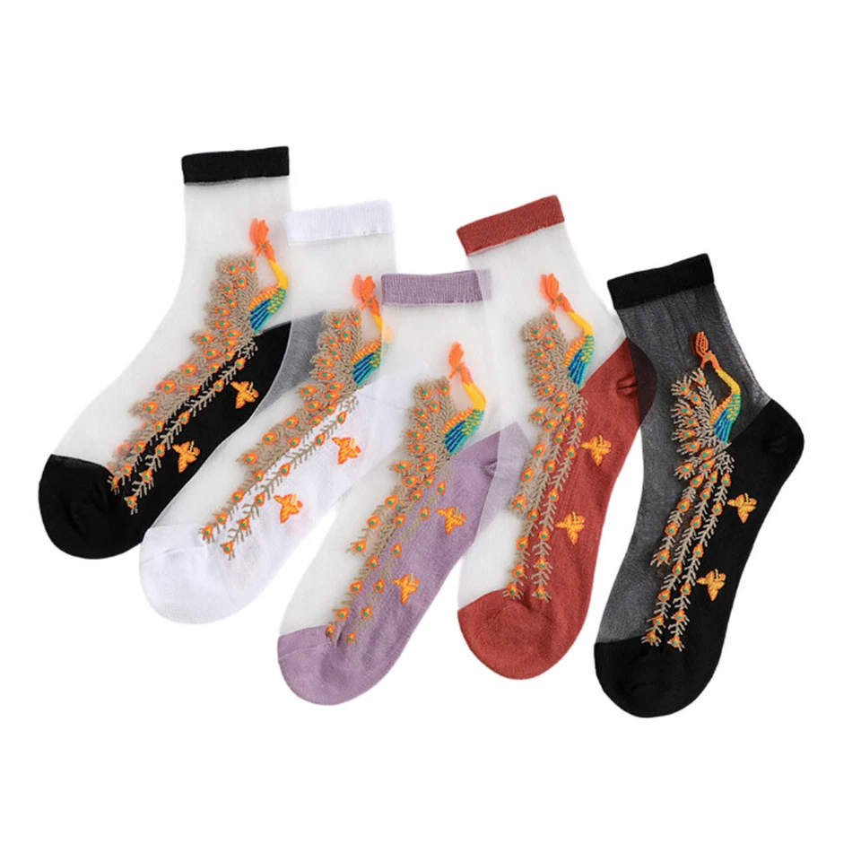 女士透明花朵花边袜水晶丝绸短踝薄袜6双 — 第 4/4 张图片